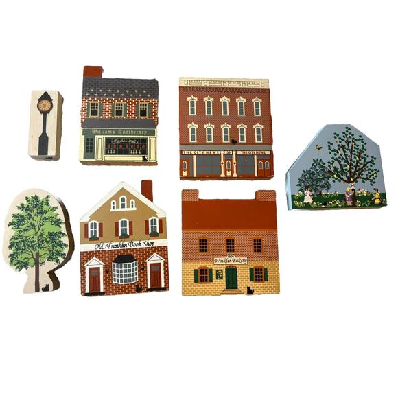 Cats Meow 80’s Painted Wood SHELF SITTERS Apothecary Bakery News Book Shop *7 Pc - Picture 1 of 11